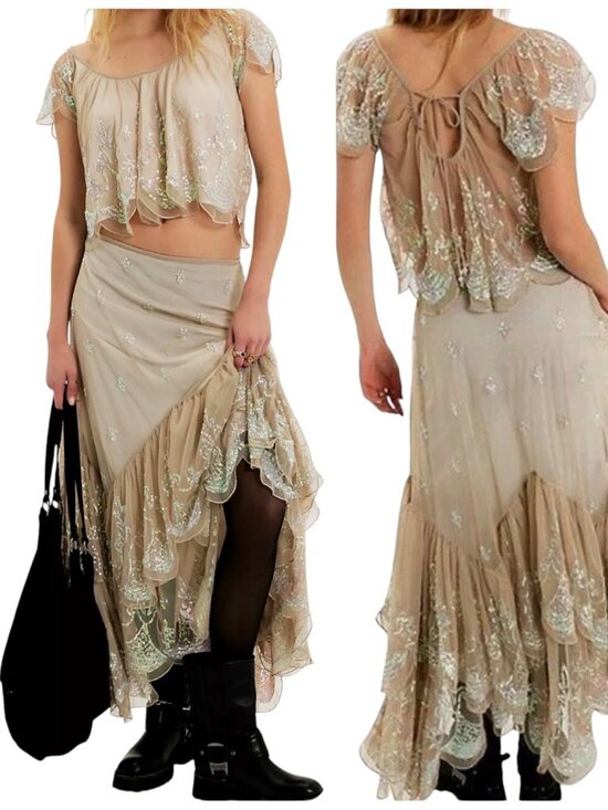 Free People Dresses & Skirts - Free People Ciara Shimmer Sequin Sheer Midi Skirt Set L NWT